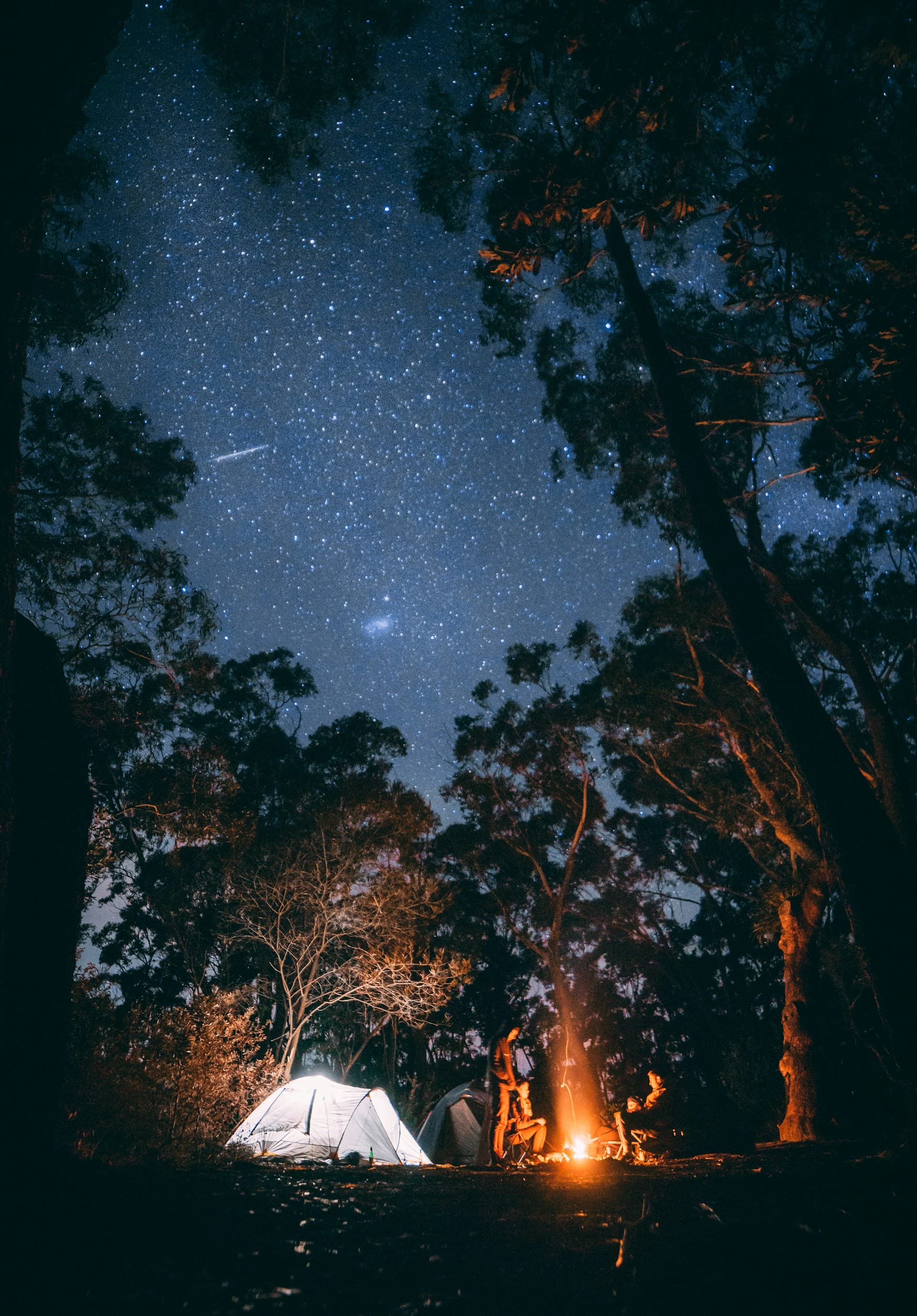 Tent pitched beside a mountain lake under a starry sky