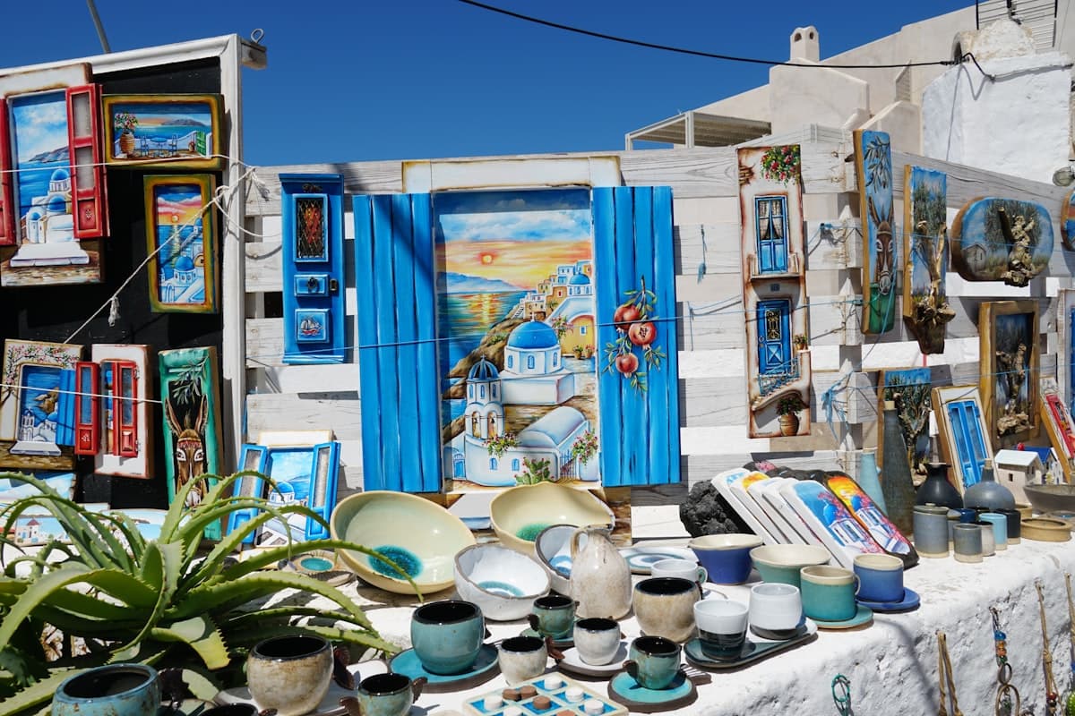 Budget-friendly street scene in Santorini, Greece